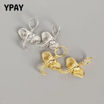 

YPAY 100% Authentic 925 Sterling Silver Earrings for Women Animal Series Exaggerate Elephant Pendant Hoop Brinco Jewelry YME555