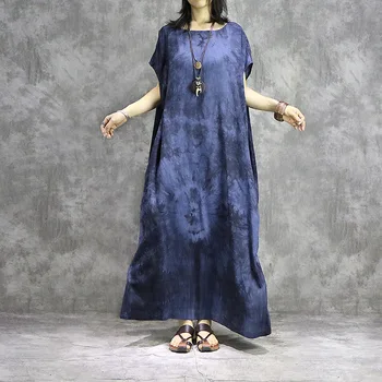 

Chinese National Style Retro Rendering Printing Tencel Linen Loose Dress Robe 2020 Summer Female Leisure Straight Dress