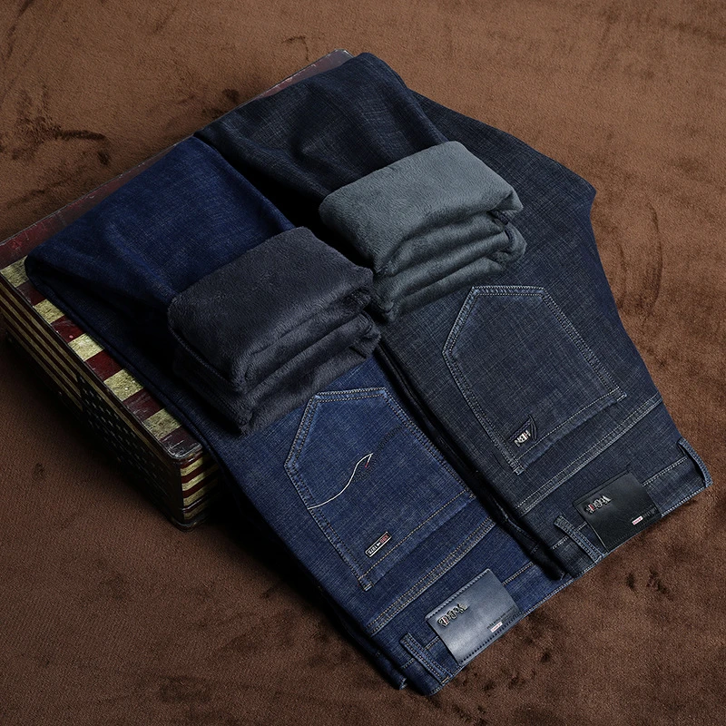 Новинка Зима 2019 мужские теплые облегающие джинсы деловые модные утепленные