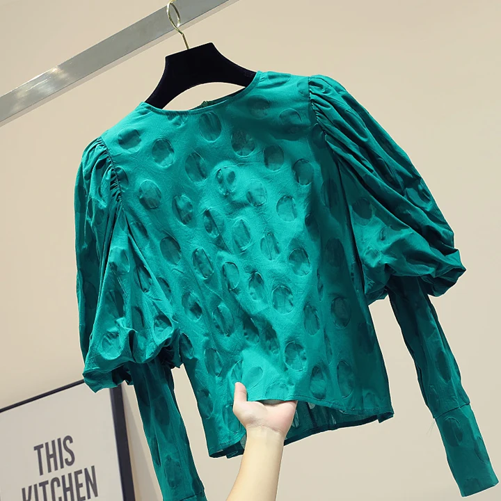 Новые рубашки с буфами на рукавах для женщин Hig Street горошек Блузы с принтом темперамент женские короткие рубашки Blusas Femme вечерние топы