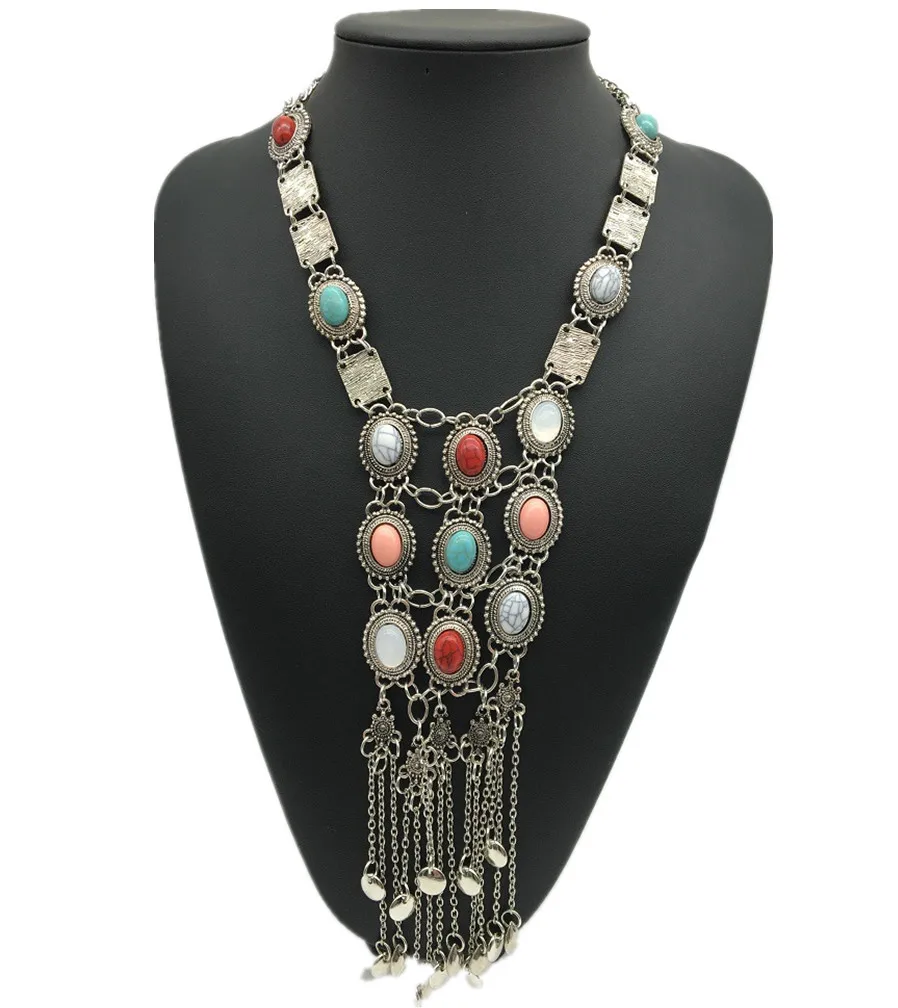 

Europe And America Retro Necklace Multilayer Alloy Tassels Necklace Clothes Accessories Faux Turquoise Choker Necklace