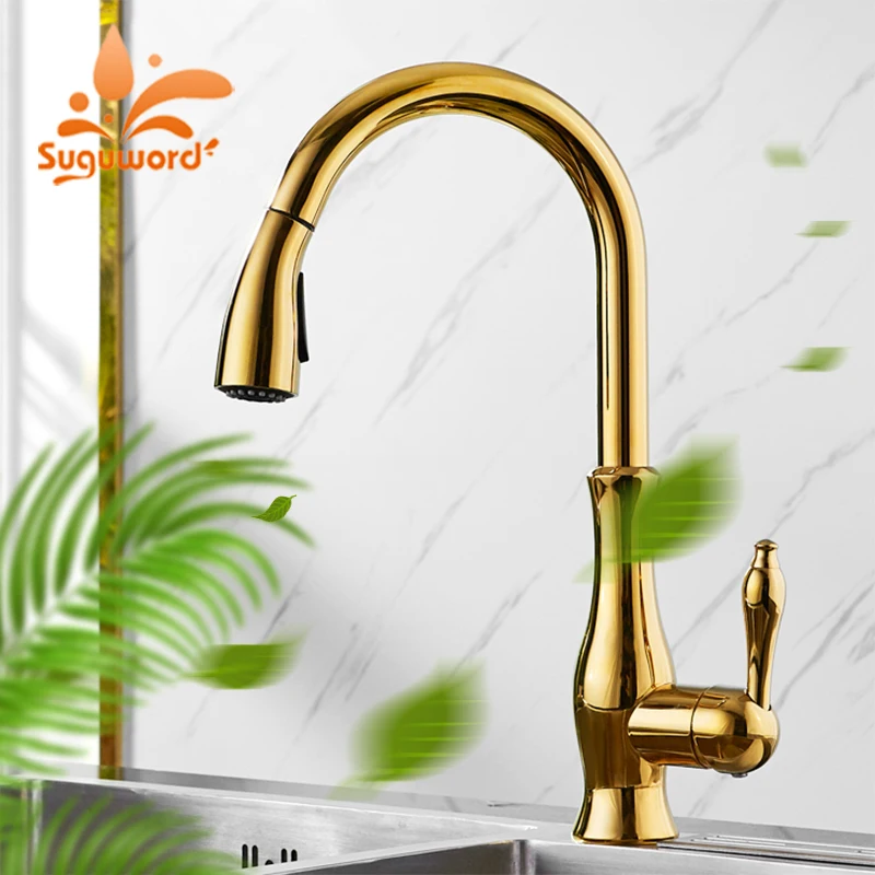 Suguword-grifo de cocina dorado con rotación de 360 grados, estilo lujoso, mezclador de fregadero de cocina con agua caliente y fría