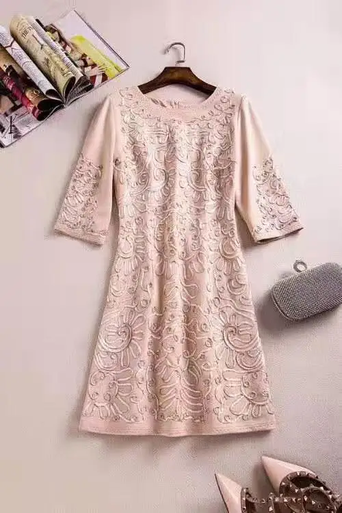 apricot Vestidos De Fiesta, весенние вечерние женские платья с круглым вырезом и аппликацией, с вышивкой, с коротким рукавом, абрикосовое, винно-красное, темно-синее платье-футляр - Цвет: apricot