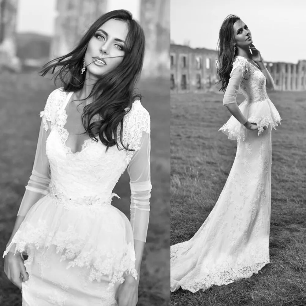 Robe de mariee, западный стиль, кружевное свадебное платье русалки, с длинным рукавом, Зимние свадебные платья, v-образный вырез, на заказ, vestido de noiva