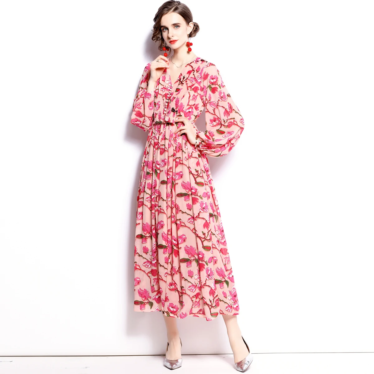 

2021 New Women Dresses Office Lady A-LINE Printing Ankle-Length Women Autumn Dresses V-Neck Elegant Party Night Women Dresses