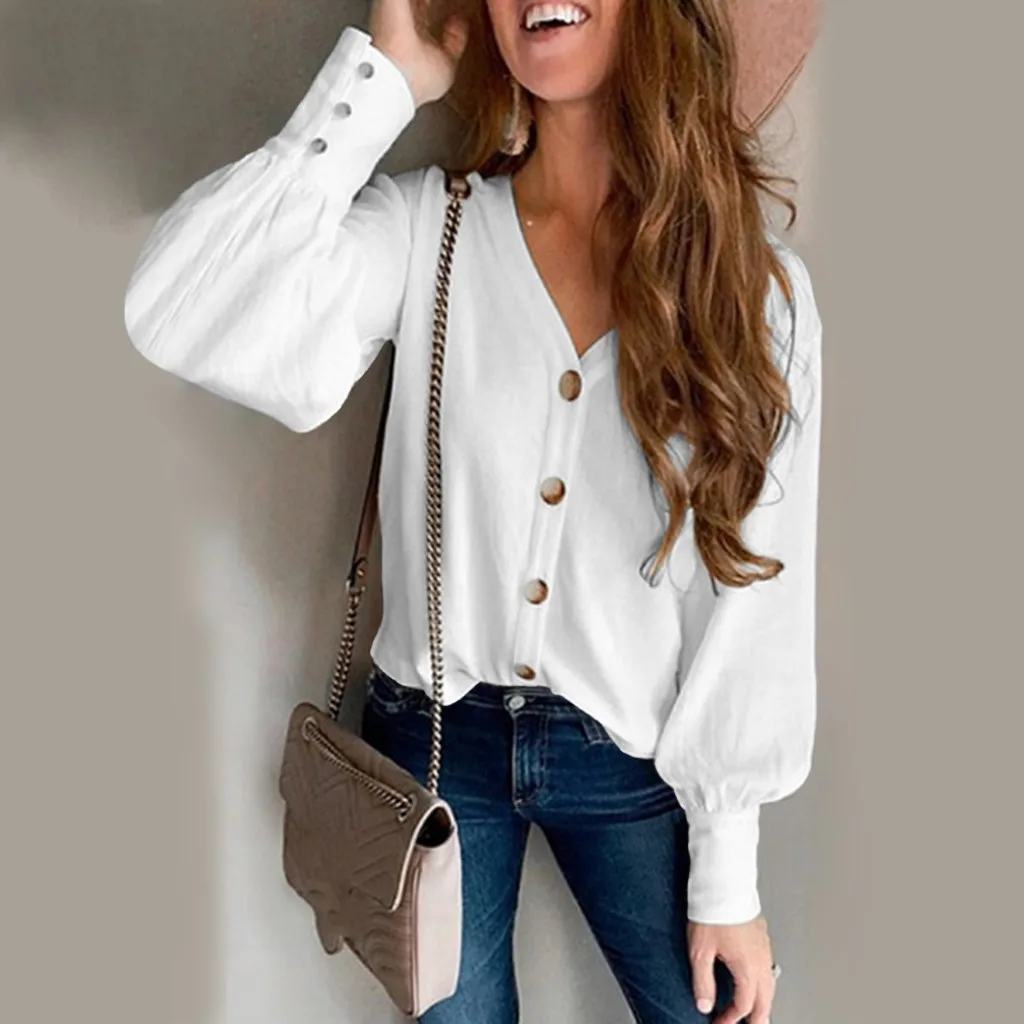 

New Women Blouses 2019 Summer Office Lady White Shirts Long Sleeve Buttons Deep V Neck White Blouse Sexy Plus Size Tops#P30