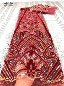 

Anna wine red embroidered african velvet lace french sequins fabric 2020 high quality nigerian net lace tulle fabric 5 yards/pcs