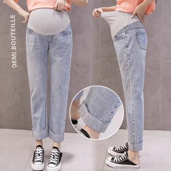 

8899# 2020 Autumn Denim Maternity Jeans High Waist Belly Straight Pants Clothes for Pregnant Women Ins Loose Pregnancy Trousers