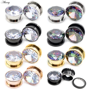 Alisouy 2pcs Stainless Steel Zirconia Crystal Screw Ear Tunnels Plugs Expander Stretcher Gauges Earrings Body Piercing Jewelry 1