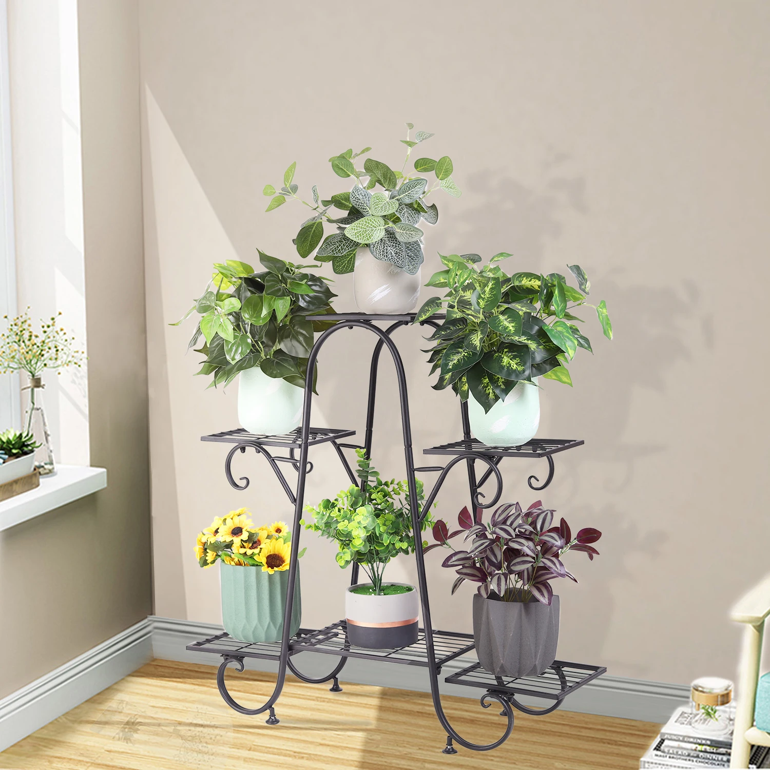 6 Tiers Plant Stand for Indoor and Outdoor Black Metal Flower Pot Shelf Multi-Tiered Plant Pot Holding Display Rack plant stand