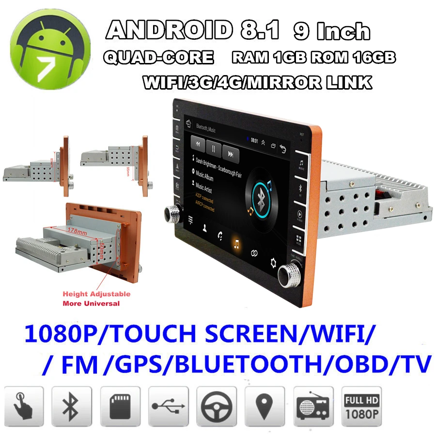 

9" Touch Screen Car Stereo Radio with Button Knob 1+16GB GPS Wifi BT DAB Mirror Link OBD Single Din Adjustable