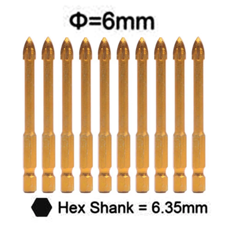 10x1/4Hex Shank Titanium Ceramic Tile Marble Glass Drill Bit Cross Spear Head# |