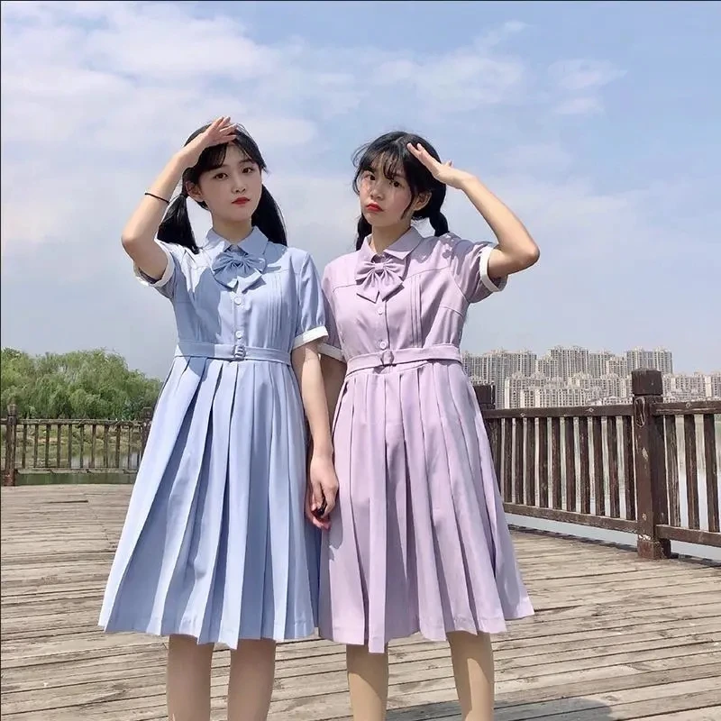 Harajuku Sailor Collar Navy Dress Japanese Lolita Sweet Bow-knot Girl Retro Cotton Kawaii Preppy Style Short Sleeve Dress Women