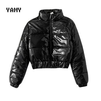 

KILLWINTER Womens Black Cropped Parka long sleeve thick patent leather Jacket Coat chic reflective Casual slim turtleneck Parkas