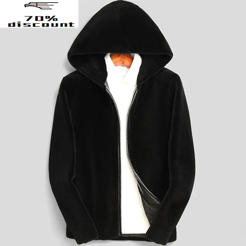

Men Fur Coat Real Winter Sheep Shearing Wool Coat Fur Hooded Plus Size Short Coats and Jackets Man