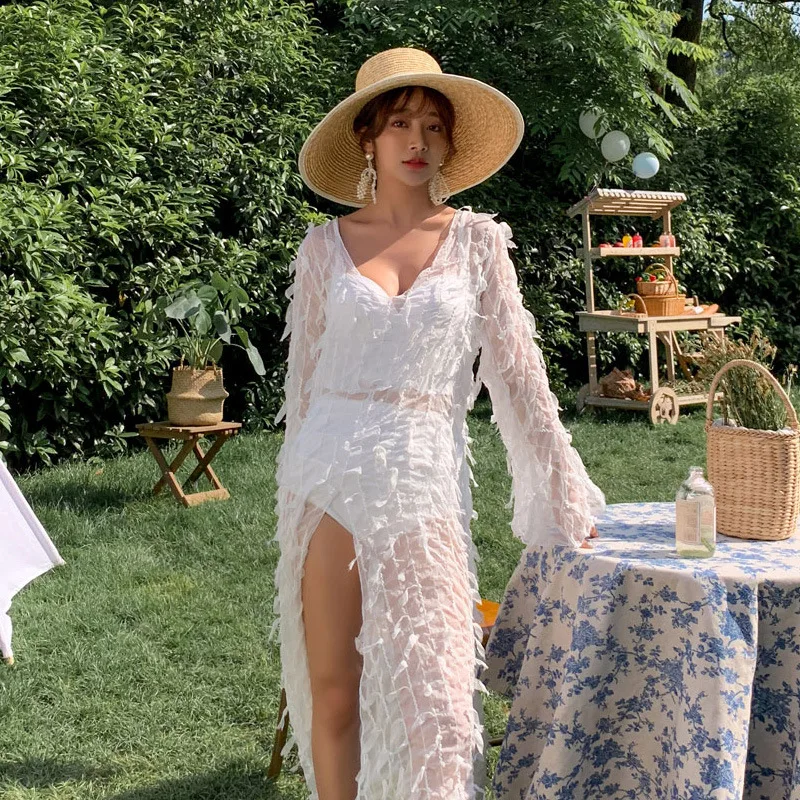 

South Korea New Style Split Type Three-piece Set Hipster Style Bathing Suit Women's High-waisted Belly Covering Sexy Lace White