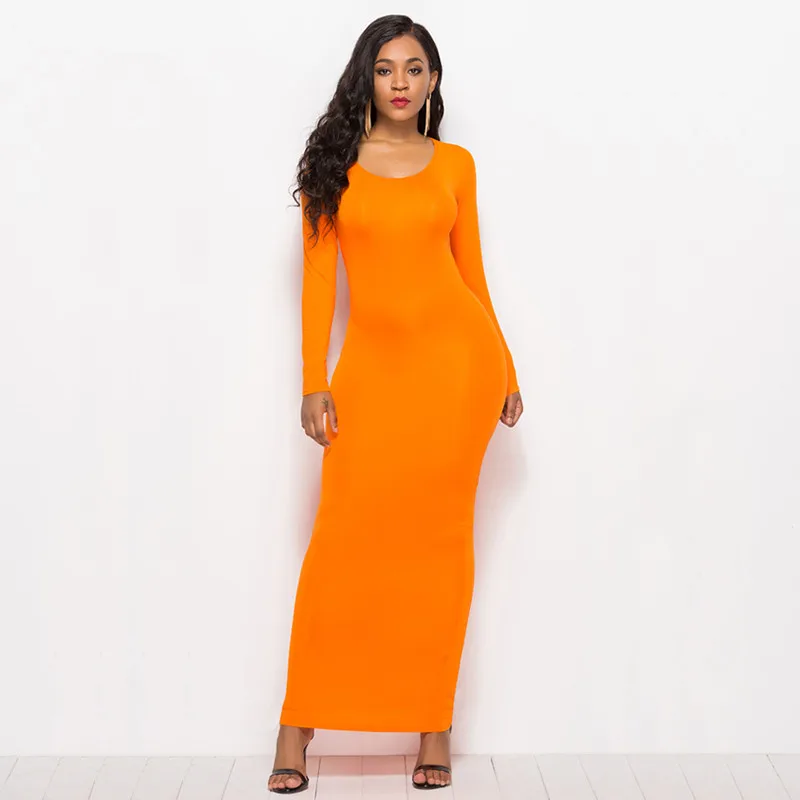 Casual Bodycon Dress Women Elegant Elastic Slim Long Sleeve Maxi Dress