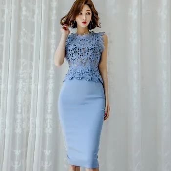 

New two-piece summer dress Korean temperament hollow water melting flower top fashion bag hip skirt suit
