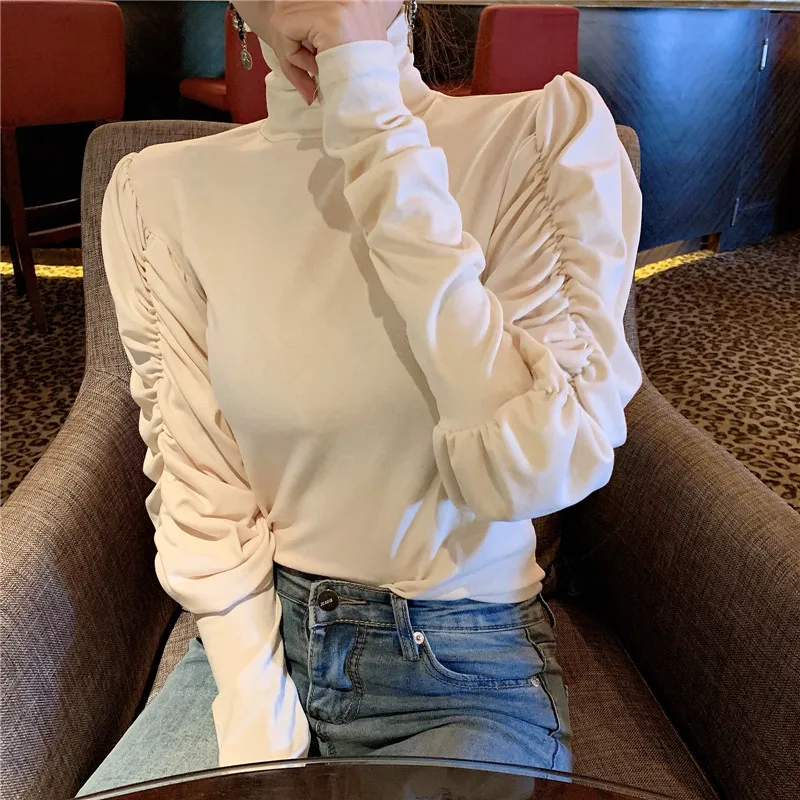 Корейская рубашка Харадзюку с длинными рукавами, Женская однотонная приталенная рубашка с высоким воротником, черные рубашки Для Подружек