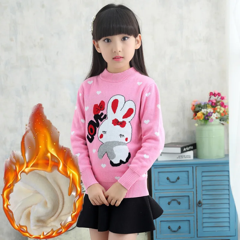 

2019 Winter New Style Double Layer Thick GIRL'S Sweater Pure Cotton plus Velvet Sweater Middle And Large Children Base Shirt Top