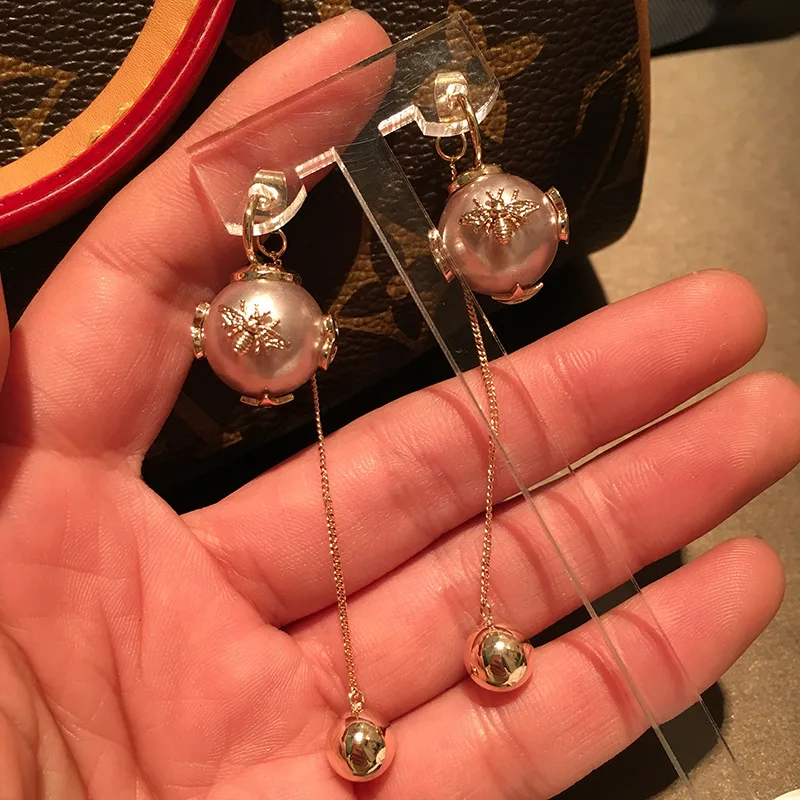 

retro Pearl Bees Bead temperament silver needle bohemian earrings vintage long women drop earrings