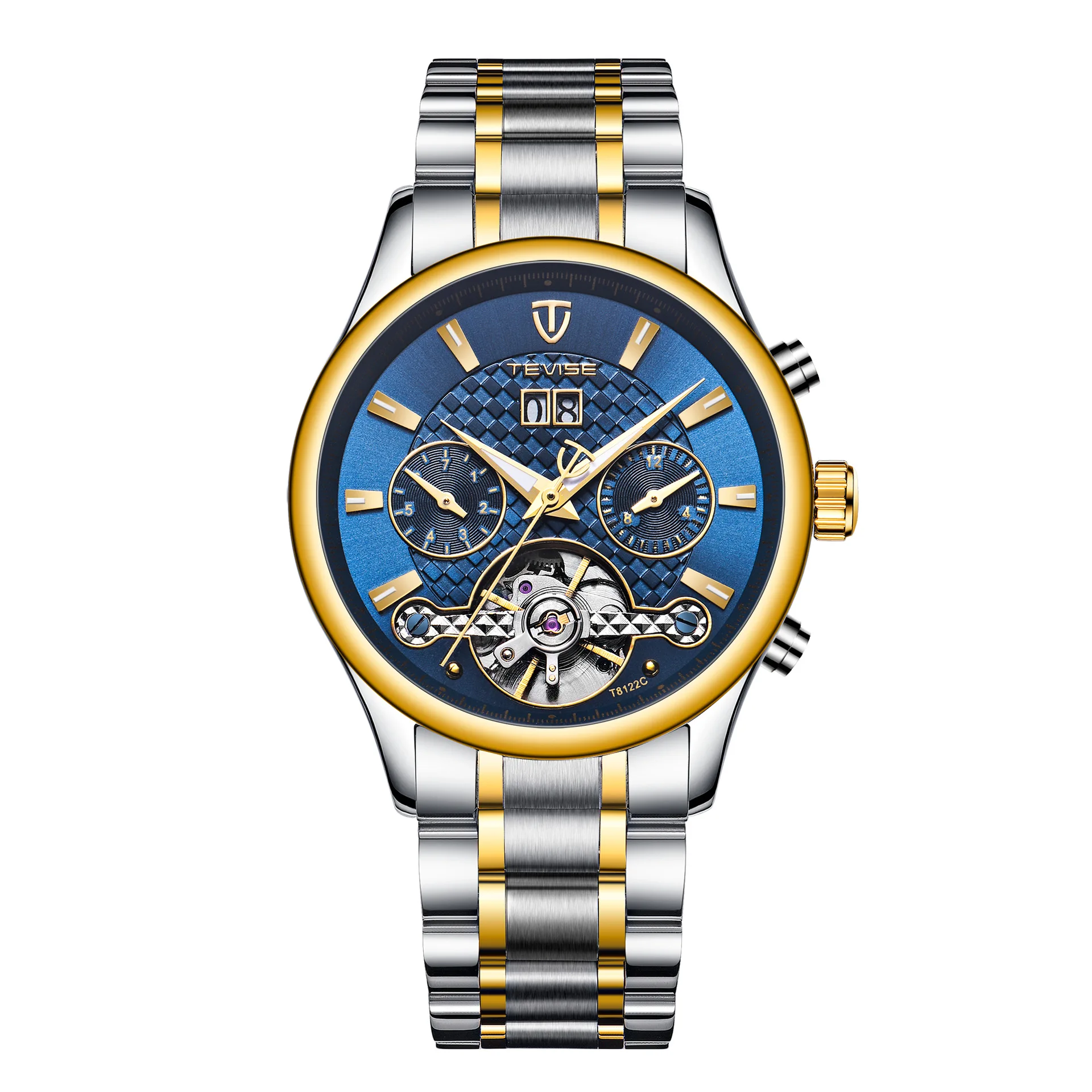 Топ бренд Tevise, роскошный Автоматические Мужские механические часы модные Tourbillon спортивные военные многофункциональные водонепроницаемые наручные часы - Цвет: Silver-Gold-Blue-C