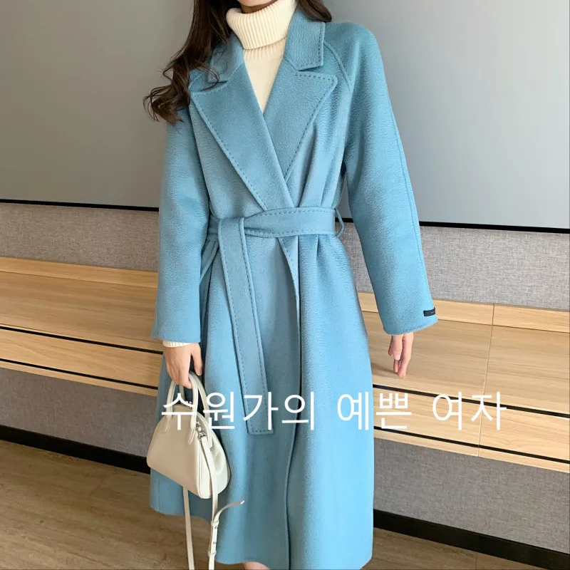 fairy blue Autumn winter new water ripple wool coat female double-sided hand-stitched wool coat red jacket plus long loose type one size - Цвет: fairy blue