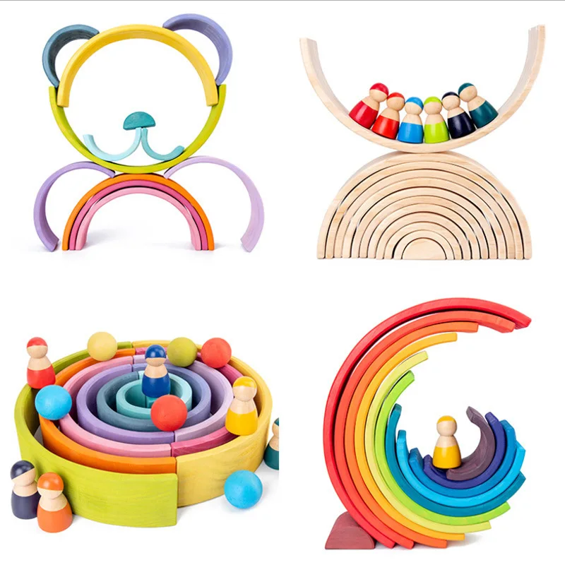 Juguetes de madera Montessori para niños, bloques de arcoíris, edificio creativo, Juguetes educativos de aprendizaje temprano, regalos de Año Nuevo