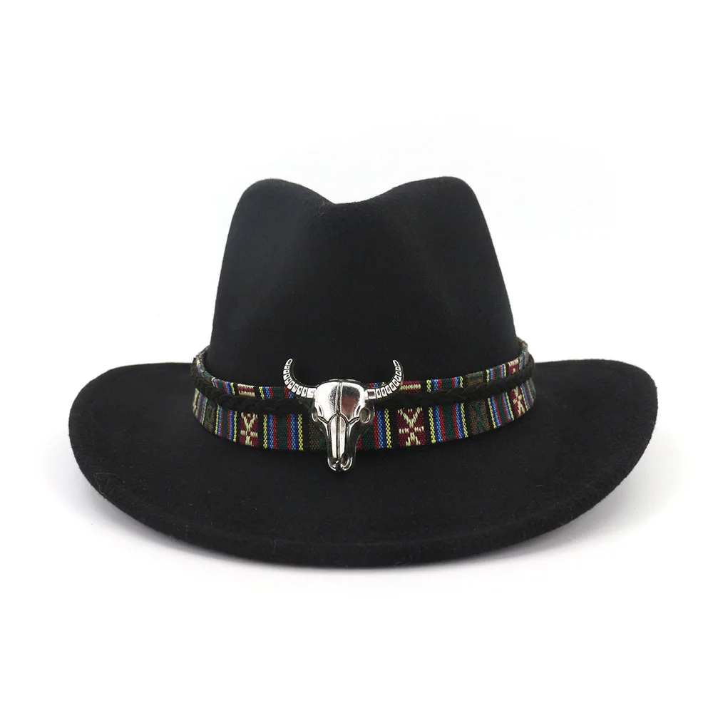 Западный Ковбой шляпа шерсть полый Широкий полый Брим элегантный Cowgirl Джаз Конный сомбреро Черная кепка с кисточкой тауренская лента - Цвет: Черный
