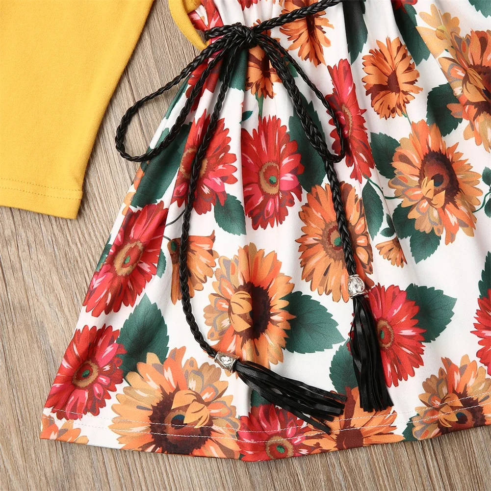 Платья для маленьких девочек одежда с длинными рукавами и рюшами с принтом подсолнуха для малышей повседневное детское летнее платье Цветочная детская одежда