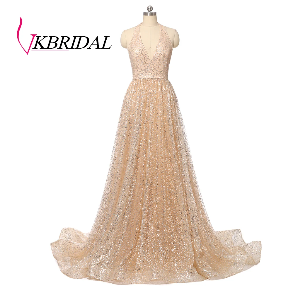 VKBRIDAL, сексуальные длинные платья на выпускной, новинка, блестящее вечернее платье с блестками, золотое, vestidos de gala
