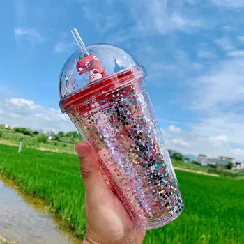 

New Water Bottles Creative Dinosaur Double Layer Summer Ice Cup Cartoon Large Capacity Straw Plastic Water Bottle