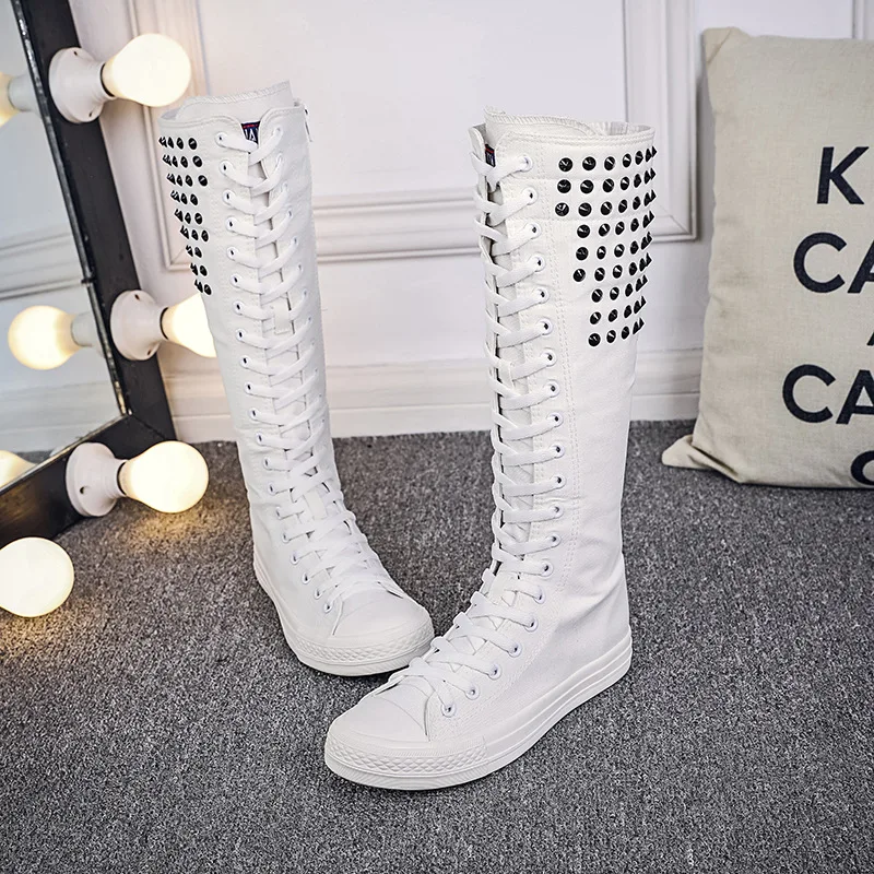 New Spring Autumn Women Shoes Canvas Punk Casual High Top Shoes Long Boots Lace-Up Zipper Comfortable Flat Boots Sneakers