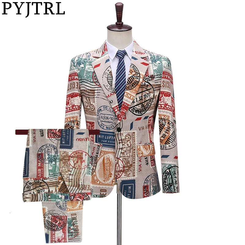 PYJTRL Men Vintage Two-piece Set Suits Love New Paper Stamp Print Night Club Singers Prom Party Tuxedo Latest Coat Pant Designs