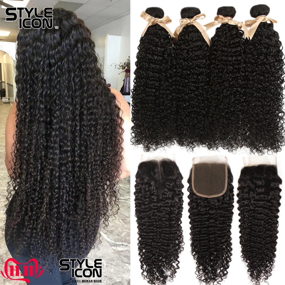 Billig Malaysische Verworrene Lockige Bundles Mit Schließung Lockige Menschliches Haar Bundles mit Verschluss Styleicon 3 4Bundles Curly Bundles mit Verschluss