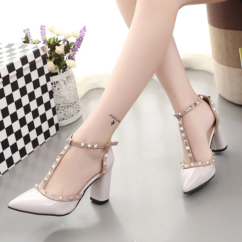 

Spring And Summer New Style WOMEN'S Shoes Sleeves with Hollow out Buckle Rivet High Heels Women's Pointed Toe Patent Leather Chu