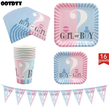 

Baby Gender Reveal Partyware Kit 65 Pcs Serves Pink and Blue Banner Disposable Tablecloth 16 Paper Plates 16 Napkins 16 Cups