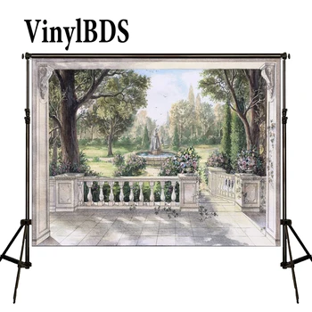 

VinylBDS 5x7ft Spring Garden Background Retro Fountain White Railing Backdrop European Style Oil Painting Background for Studio