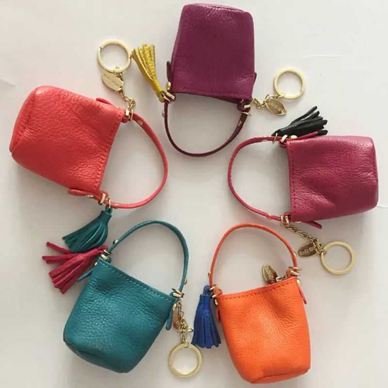 

Genuine Leather Handmade Mini Bag Keychain Duffel Women Coin Purse Cute Girl Bag Accessory Tassel Phone Pouch Crossbody Monogram