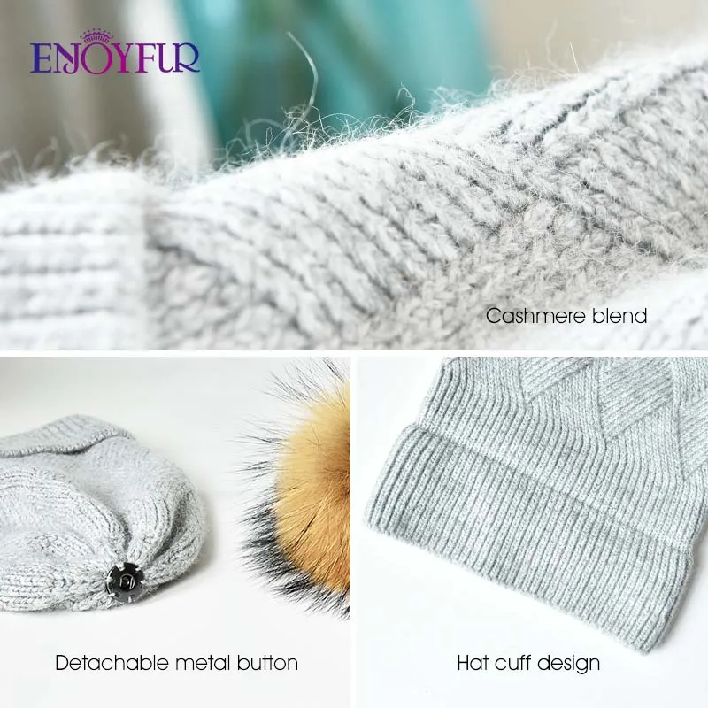 ENJOYFUR Winter Hats For Women Natural Fur Pompom hat Warm Wool Slouchy Beanies For Female Fashion Skullies Lady Hats 5