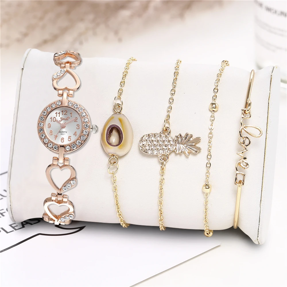slb07-Rose gold 5 шт./компл. роскошные фирменные женские часы женские золотые часы с пряжкой модные повседневные женские наручные часы со стразами простой браслет набор - Цвет: slb07-Rose gold