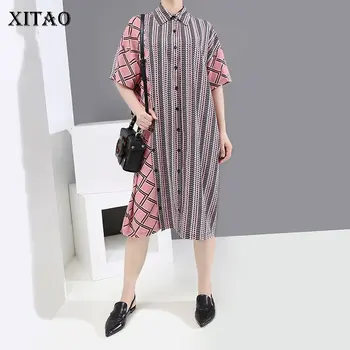 

XITAO Patchwork Plaid Print Pattern Dress Women 2020 Summer Casual Fashion New Style Temperament Turn Down Collar Dress ZP1394