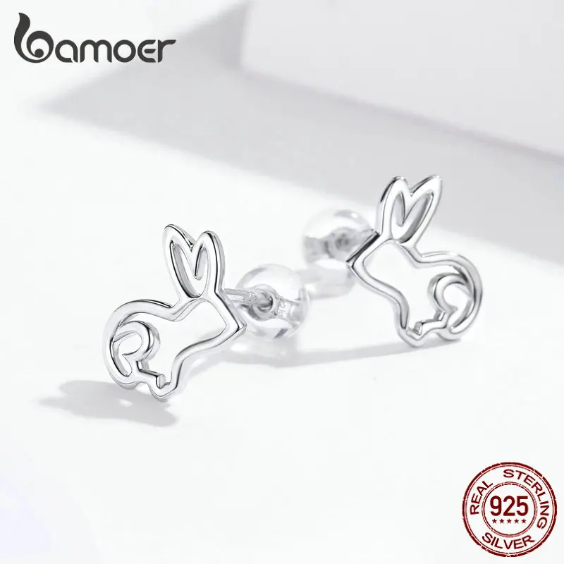 Bamoer Sketch Rabbit Bunny серьги-гвоздики для женщин, 925 серебряные серьги-гвоздики, ювелирные изделия, подарки для девушек, модные ювелирные изделия, новинка, SCE698