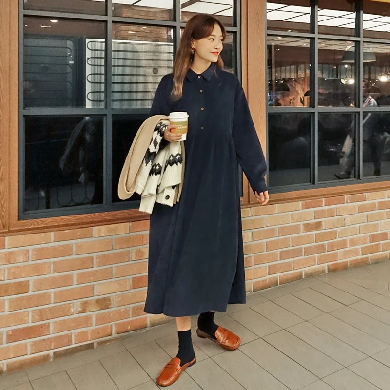 Новинка, Осеннее вельветовое длинное платье-рубашка, женское платье на пуговицах в Корейском стиле с длинным рукавом, женское свободное ТРАПЕЦИЕВИДНОЕ ПЛАТЬЕ, Vestido Femme