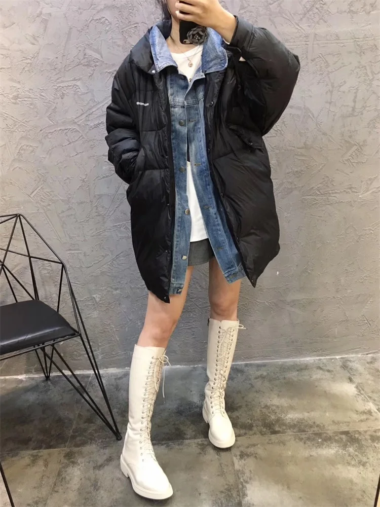 Зимний стиль, корейский стиль, средней длины, ковбойская стеганая куртка-пуховик с отложным воротником, женская белая куртка-пуховик на утином пуху