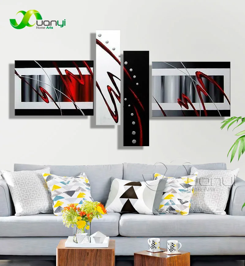 

4 Panel Black And White Handpainted Oil Painting On Canvas Handmade Abstract Wall Art Picture For Bed Living Room Home Cuadros