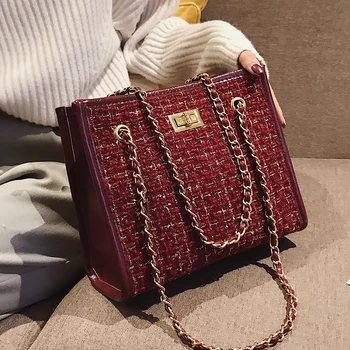 

2 bags 2018 Winter Fashion New Ladies Big Tote bag Quality Woolen Women's Designer Handbag Lock Chain Shoulder Messenger bags