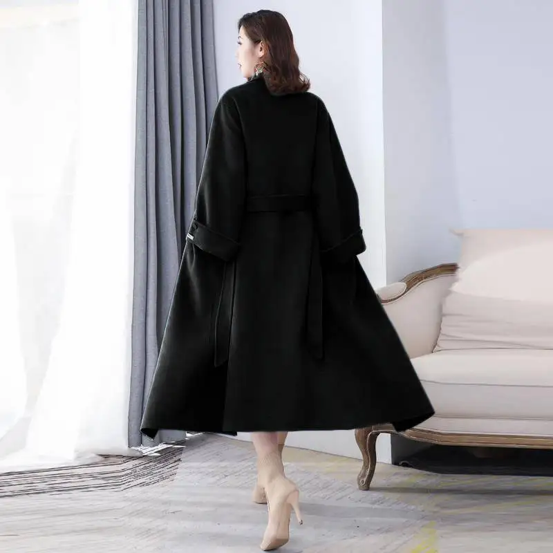 Черный Heydress зимнее однотонное женское двухстороннее шерстяное пальто с поясом и отложным воротником элегантное женское пальто А-силуэта - Цвет: Черный