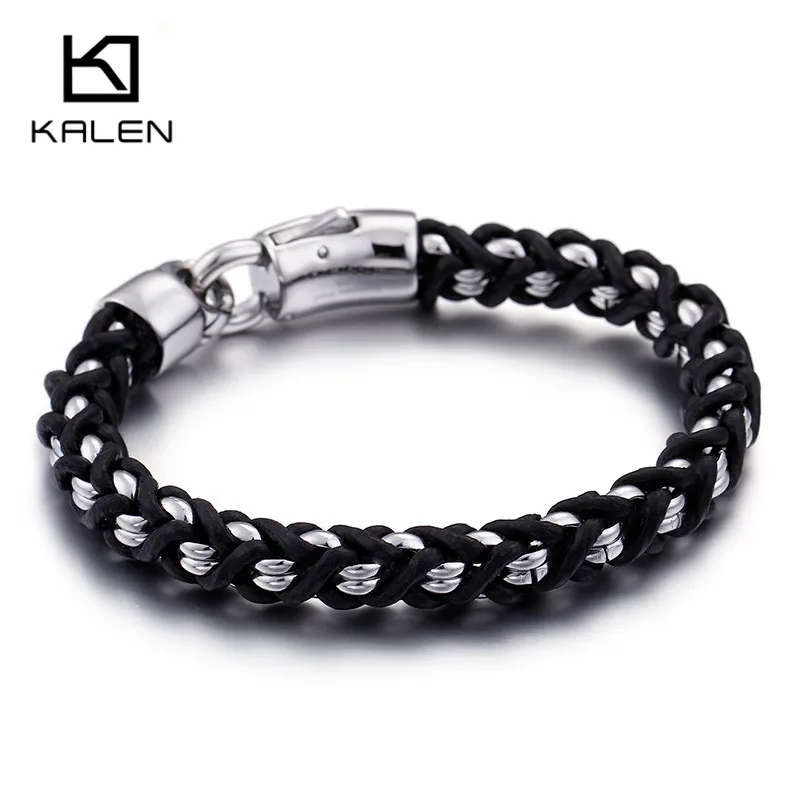 Винтажные длинные кожаные браслеты 22 см для мужчин, полированные блестящие браслеты из нержавеющей стали с витой цепочкой, ювелирные изделия для мужчин