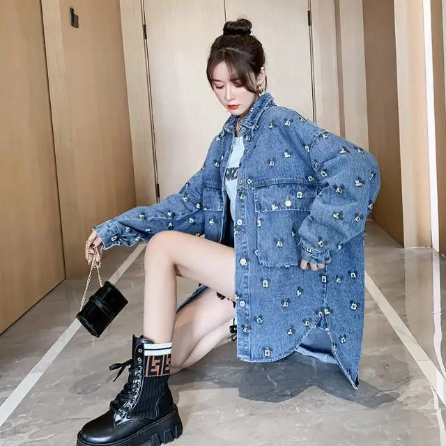 

Denim Shirt Women's 2020 New Korean-Style Loose Casual Mid-Length Shirt Jacket